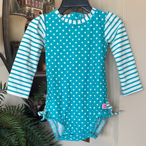 Ruffle Butts Blue & White Polka Dot Stripes Long Sleeves Bows One-Piece Swimsuit - Picture 1 of 13